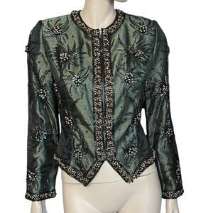 Vintage Beaded 100% Silk Jacket Blazer Size 8 Open Front Zipper Closure